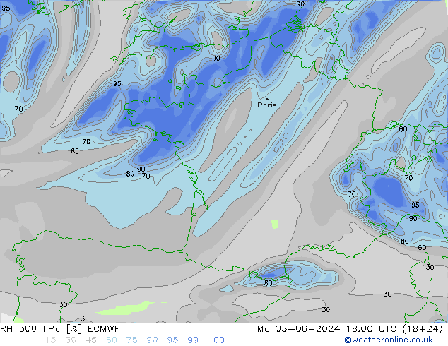 RH 300 hPa ECMWF lun 03.06.2024 18 UTC