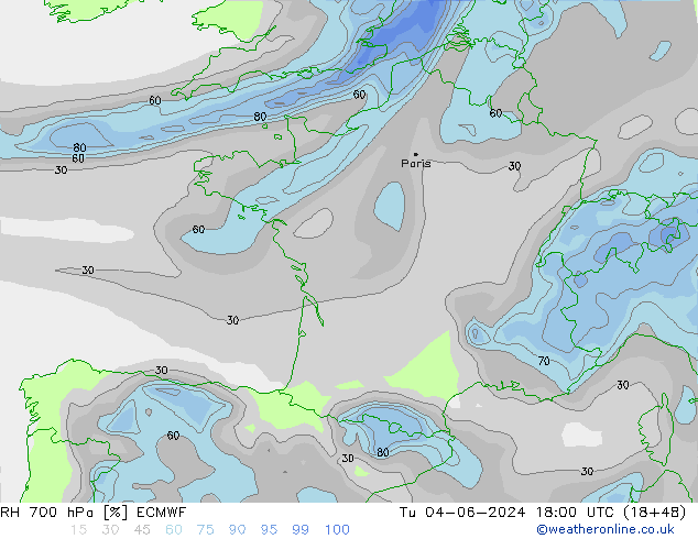 RH 700 hPa ECMWF Ter 04.06.2024 18 UTC