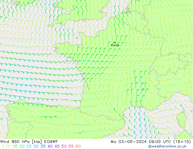 Viento 850 hPa ECMWF lun 03.06.2024 09 UTC