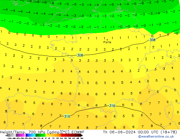 Height/Temp. 700 hPa ECMWF Čt 06.06.2024 00 UTC