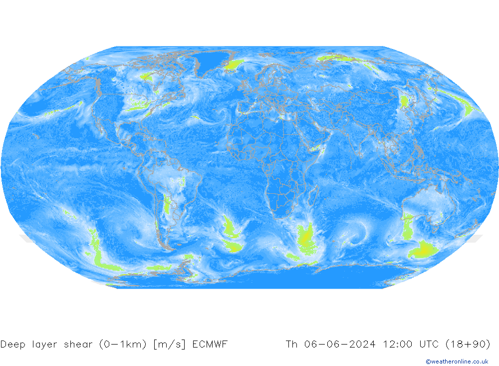 Deep layer shear (0-1km) ECMWF do 06.06.2024 12 UTC