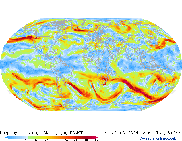 Deep layer shear (0-6km) ECMWF lun 03.06.2024 18 UTC