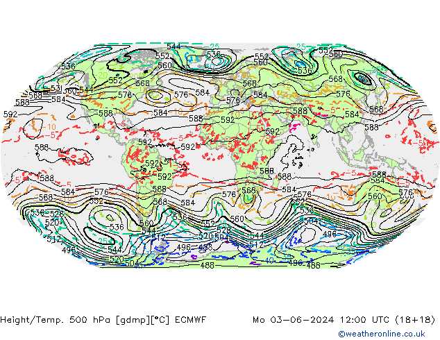 Height/Temp. 500 hPa ECMWF lun 03.06.2024 12 UTC