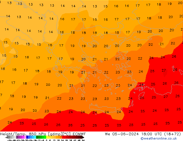 Z500/Yağmur (+YB)/Z850 ECMWF Çar 05.06.2024 18 UTC