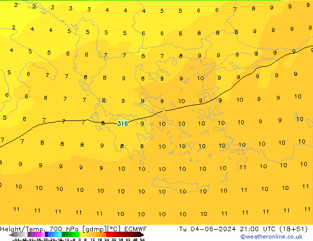 Height/Temp. 700 hPa ECMWF Di 04.06.2024 21 UTC