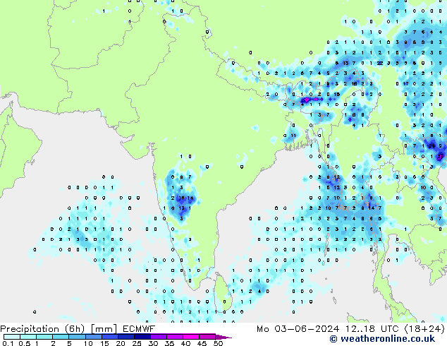 Precipitation (6h) ECMWF Mo 03.06.2024 18 UTC