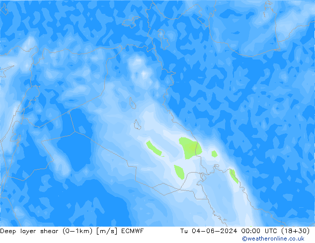 Deep layer shear (0-1km) ECMWF mar 04.06.2024 00 UTC