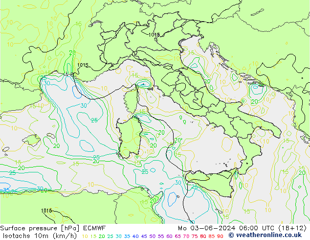 Isotachs (kph) ECMWF lun 03.06.2024 06 UTC