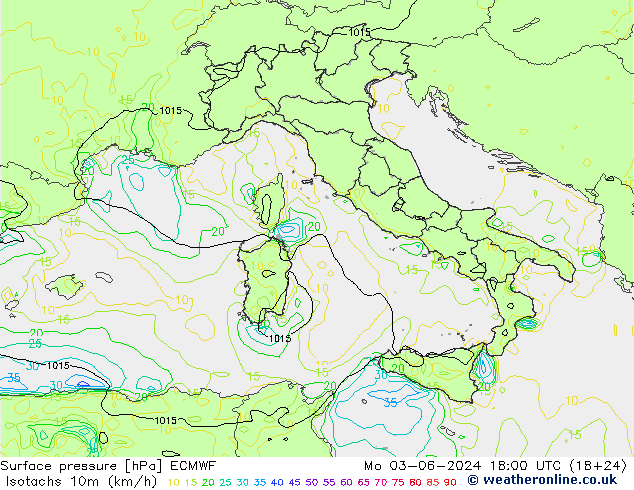 Eşrüzgar Hızları (km/sa) ECMWF Pzt 03.06.2024 18 UTC