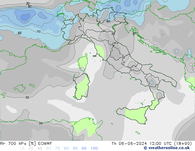 Humedad rel. 700hPa ECMWF jue 06.06.2024 12 UTC