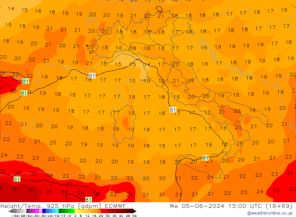 Height/Temp. 925 hPa ECMWF We 05.06.2024 15 UTC