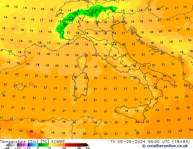 Temperatura (2m) ECMWF gio 06.06.2024 06 UTC