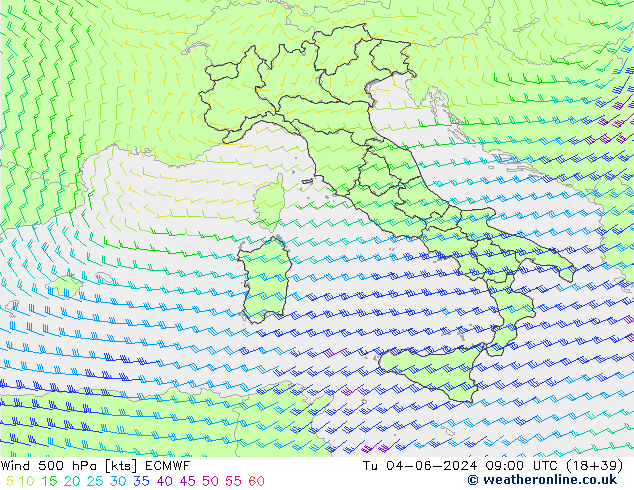 wiatr 500 hPa ECMWF wto. 04.06.2024 09 UTC