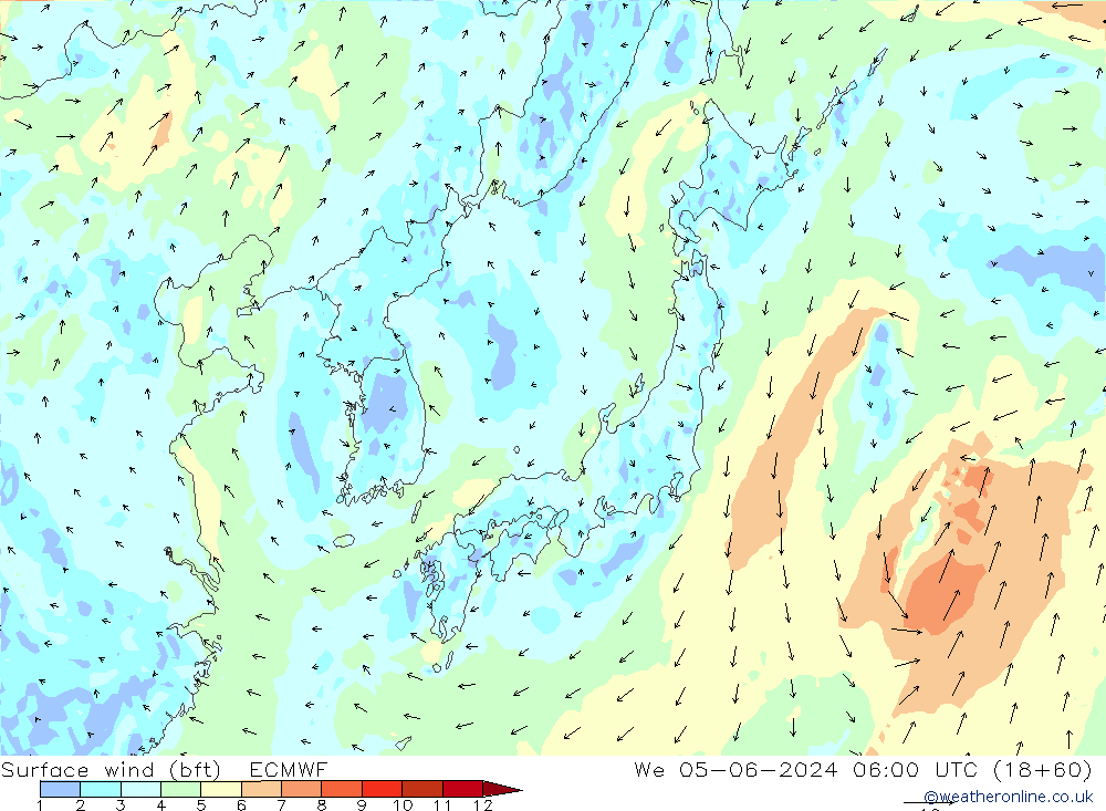 Surface wind (bft) ECMWF We 05.06.2024 06 UTC