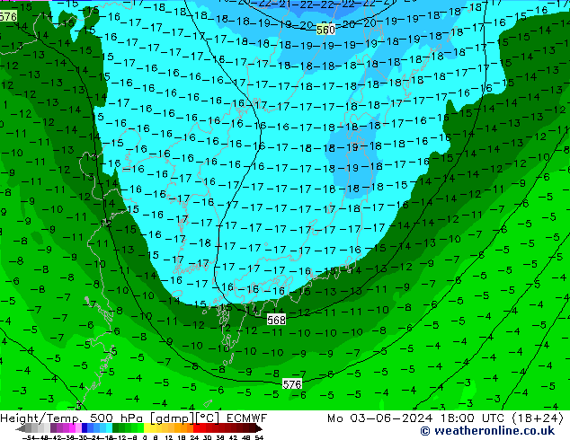 Height/Temp. 500 hPa ECMWF lun 03.06.2024 18 UTC