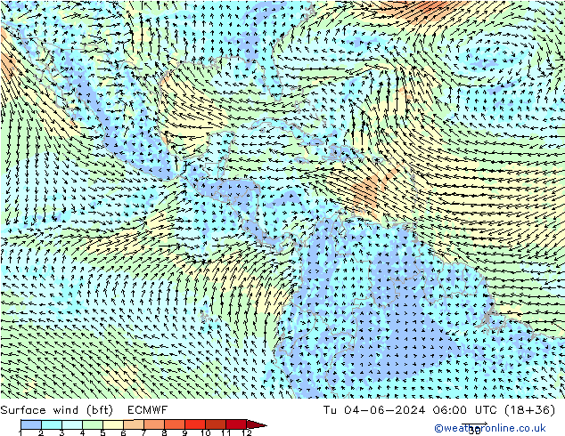 Rüzgar 10 m (bft) ECMWF Sa 04.06.2024 06 UTC