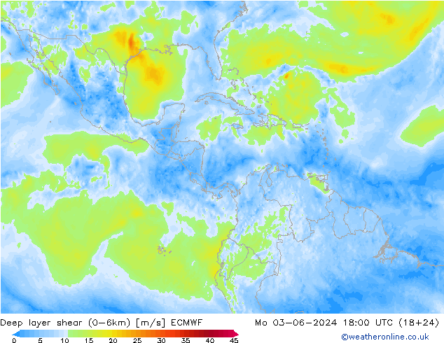 Deep layer shear (0-6km) ECMWF pon. 03.06.2024 18 UTC