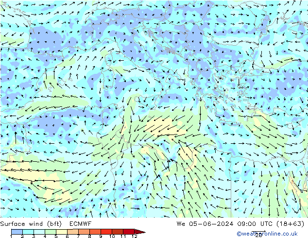 Viento 10 m (bft) ECMWF mié 05.06.2024 09 UTC