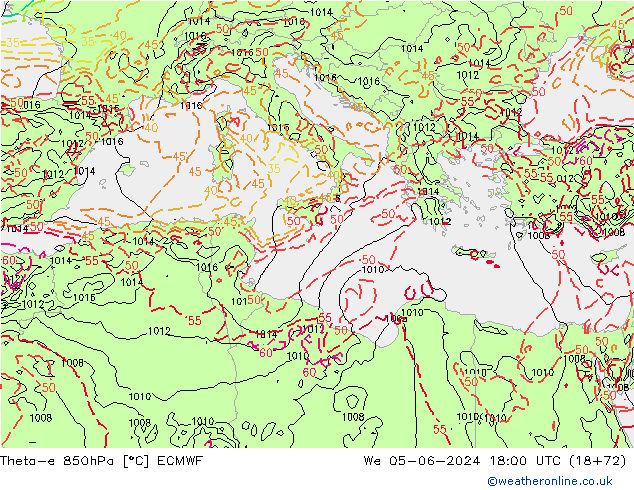 Theta-e 850гПа ECMWF ср 05.06.2024 18 UTC