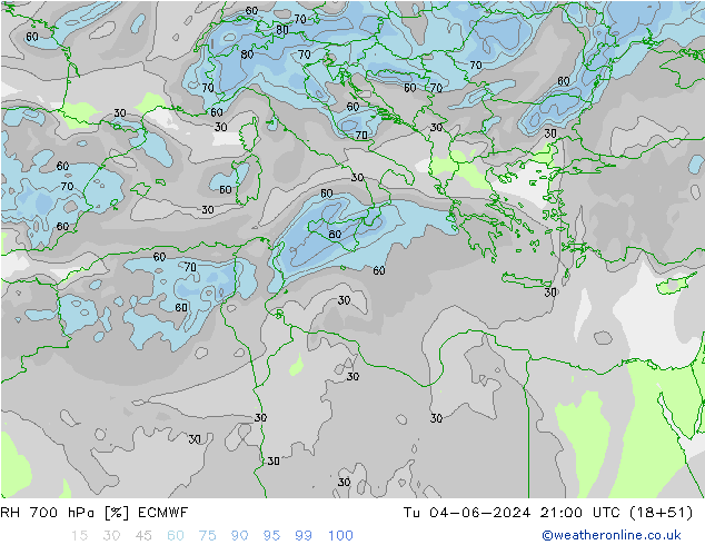 RH 700 hPa ECMWF Tu 04.06.2024 21 UTC