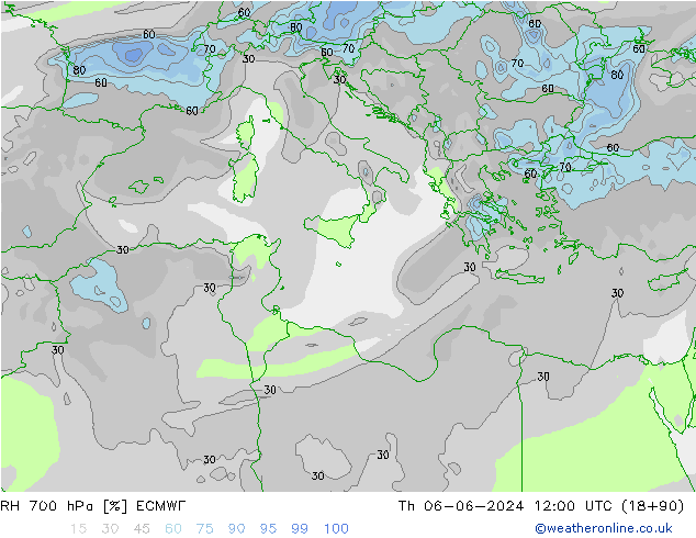 Humedad rel. 700hPa ECMWF jue 06.06.2024 12 UTC