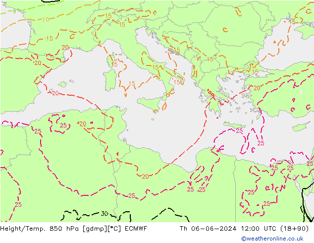 Height/Temp. 850 hPa ECMWF  06.06.2024 12 UTC