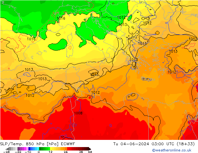 SLP/Temp. 850 hPa ECMWF Út 04.06.2024 03 UTC