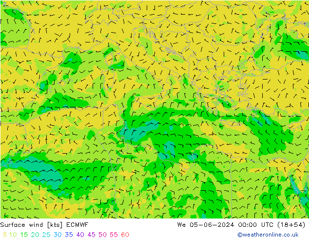 Prec 6h/Wind 10m/950 ECMWF We 05.06.2024 00 UTC