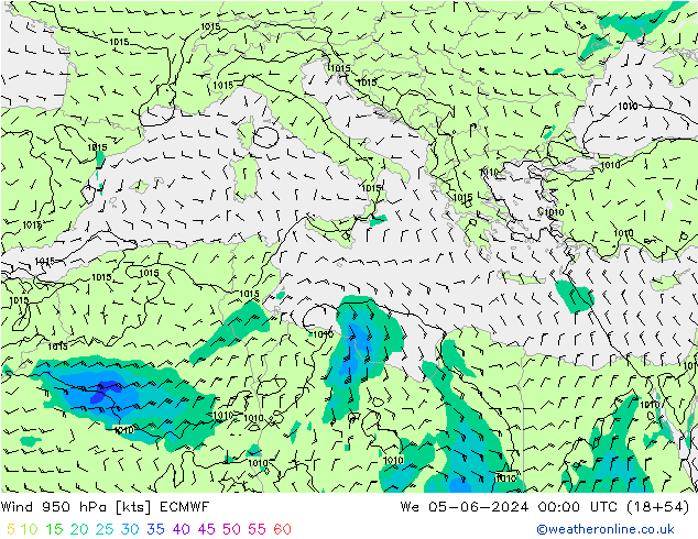 Prec 6h/Wind 10m/950 ECMWF We 05.06.2024 00 UTC