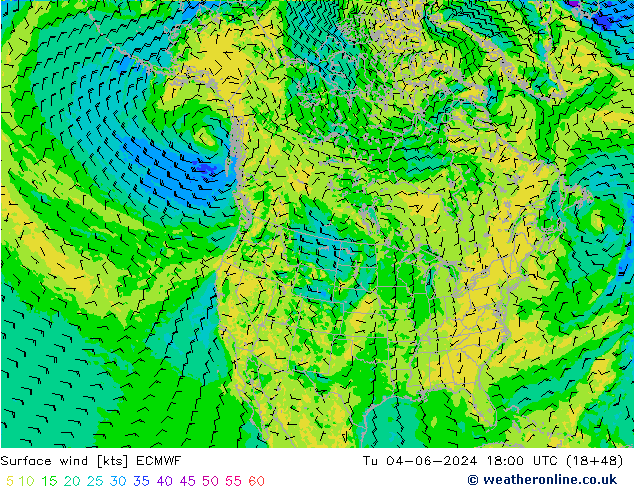 wiatr 10 m ECMWF wto. 04.06.2024 18 UTC