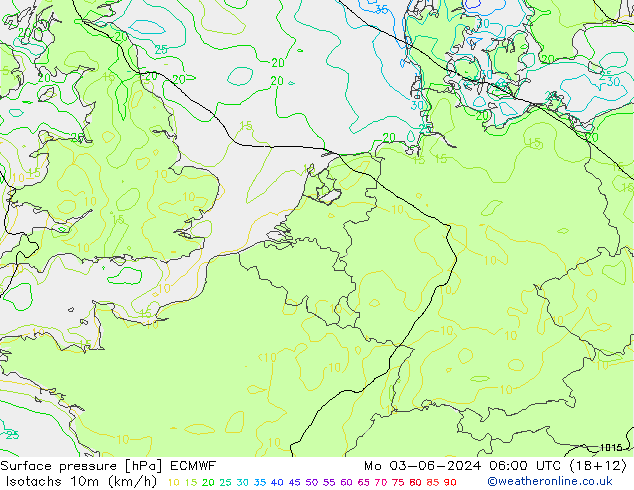Isotachen (km/h) ECMWF Mo 03.06.2024 06 UTC