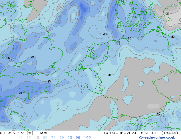 Humidité rel. 925 hPa ECMWF mar 04.06.2024 15 UTC