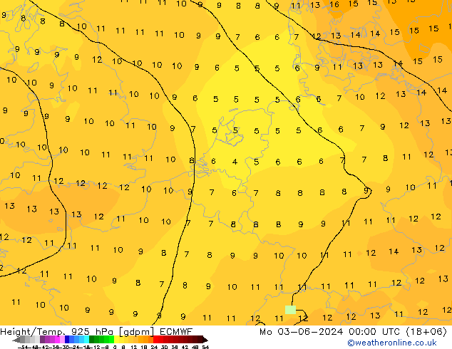 Height/Temp. 925 hPa ECMWF Mo 03.06.2024 00 UTC