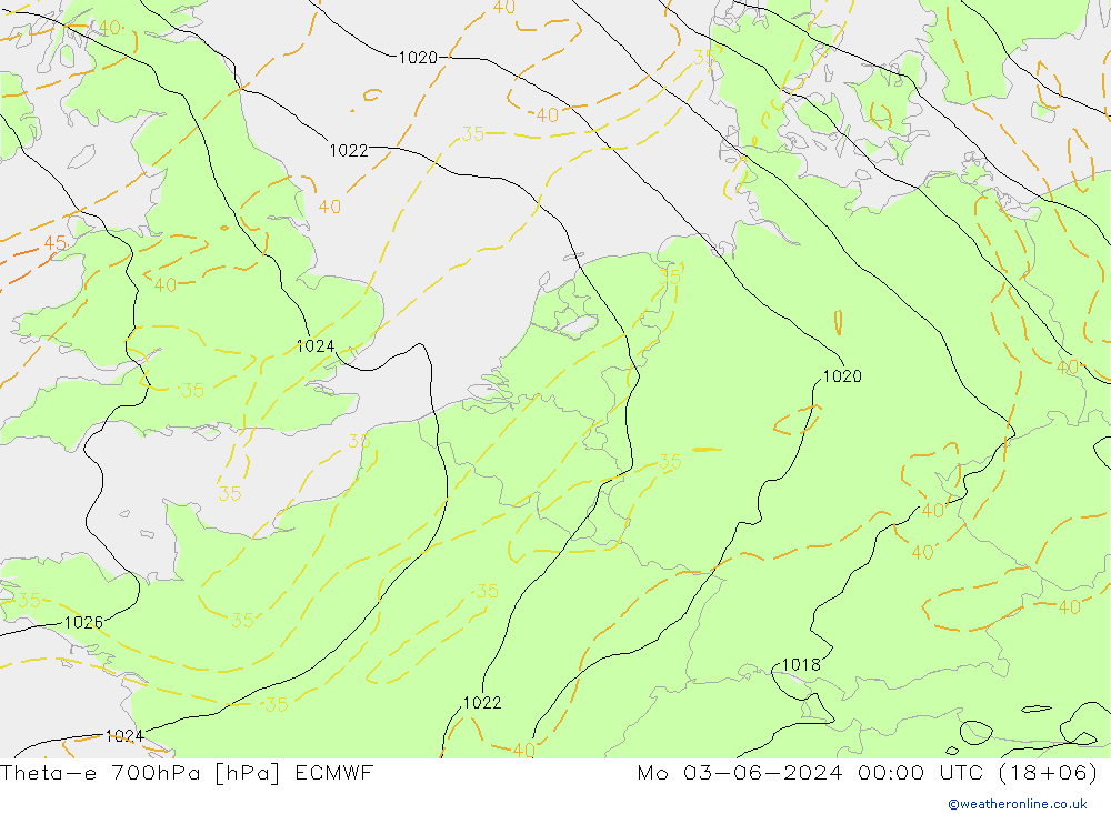 Theta-e 700hPa ECMWF lun 03.06.2024 00 UTC