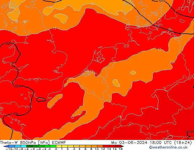 Theta-W 850hPa ECMWF Mo 03.06.2024 18 UTC