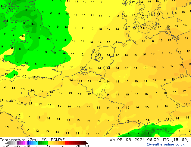 Temperaturkarte (2m) ECMWF Mi 05.06.2024 06 UTC