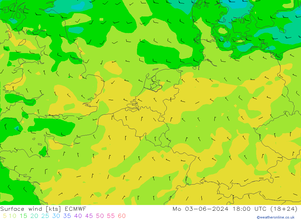 Bodenwind ECMWF Mo 03.06.2024 18 UTC