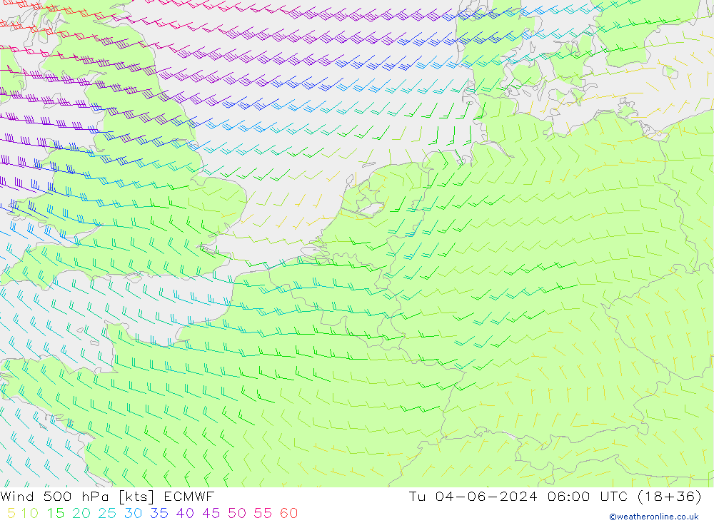 wiatr 500 hPa ECMWF wto. 04.06.2024 06 UTC