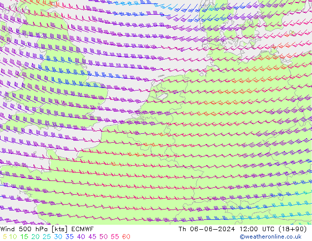Wind 500 hPa ECMWF Čt 06.06.2024 12 UTC