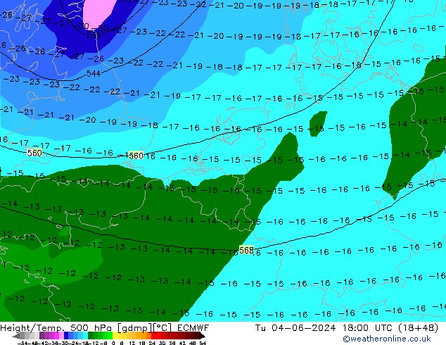 Z500/Rain (+SLP)/Z850 ECMWF Út 04.06.2024 18 UTC