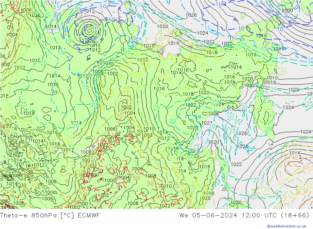 Theta-e 850гПа ECMWF ср 05.06.2024 12 UTC