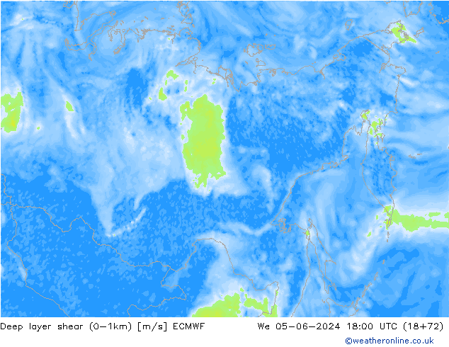 Deep layer shear (0-1km) ECMWF Mi 05.06.2024 18 UTC