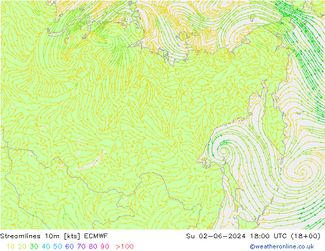 Streamlines 10m ECMWF Su 02.06.2024 18 UTC