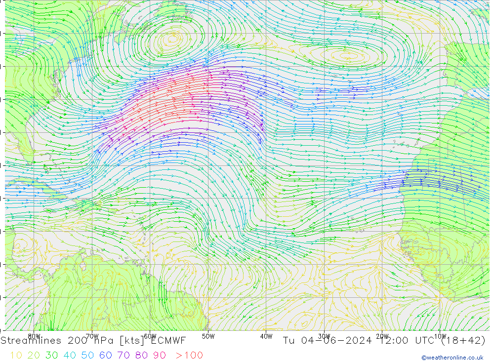 Linia prądu 200 hPa ECMWF wto. 04.06.2024 12 UTC