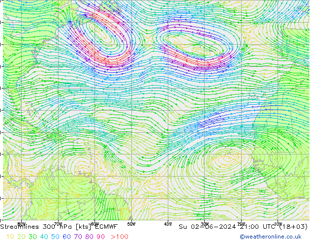 Streamlines 300 hPa ECMWF Su 02.06.2024 21 UTC