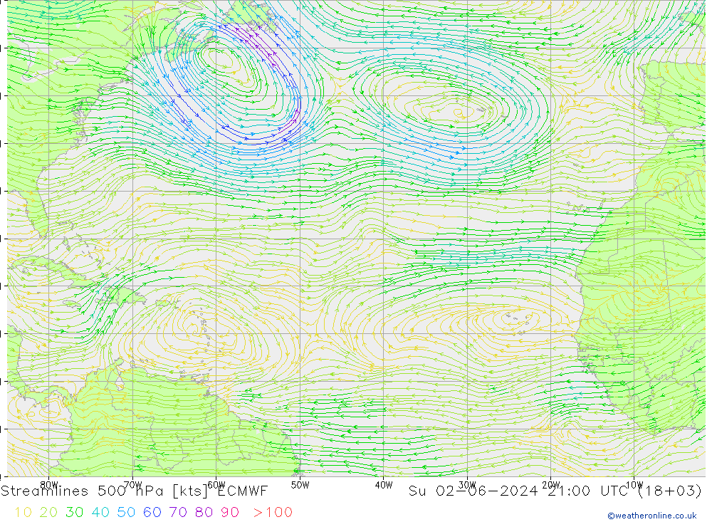 Linia prądu 500 hPa ECMWF nie. 02.06.2024 21 UTC