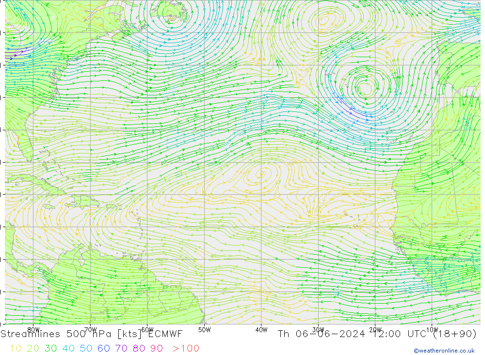 Línea de corriente 500 hPa ECMWF jue 06.06.2024 12 UTC