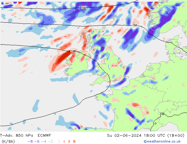 T-Adv. 850 гПа ECMWF Вс 02.06.2024 18 UTC