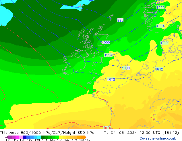 Dikte 850-1000 hPa ECMWF di 04.06.2024 12 UTC