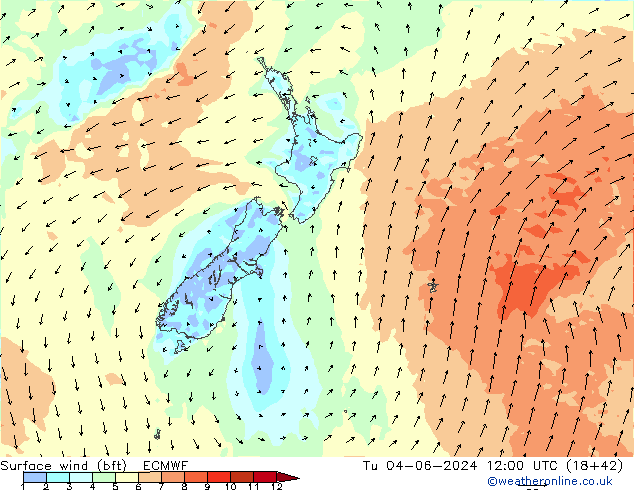 Surface wind (bft) ECMWF Tu 04.06.2024 12 UTC